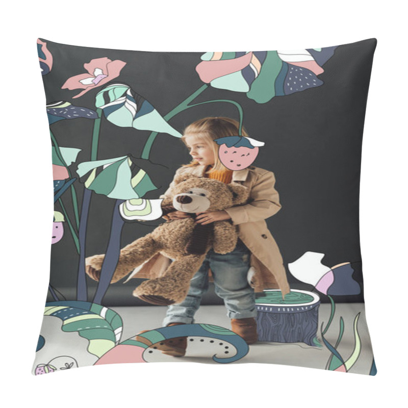 Personality  cute child in trench coat and jeans holding teddy bear on black background with fairy plants illustration pillow covers