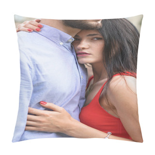 Personality  Beautiful Couple Of Man And Woman Against The Backdrop Of A Beautiful Park And City Architecture. Romantic Theme With A Girl And A Guy. Spring Summer Picture Relationship, Love, Valentine's Day Pillow Covers