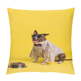 Personality  Purebred Staffordshire Bull Terrier In Cape With Bow Tie And Stylish Sunglasses Sitting Near Bowl With Pet Food On Yellow Pillow Covers