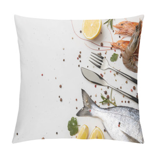 Personality  Shrimps And Fish With Spices And Silverware Isolated On White Pillow Covers