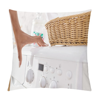 Personality  An African American Woman Reaching For A Basket On Top Of A Washing Machine While Doing Laundry In A Bathroom. Pillow Covers