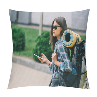 Personality  Young Female Backpacker In Sunglasses Holding Smartphone Pillow Covers