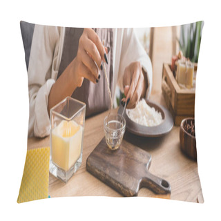 Personality  Partial View Of African American Craftswoman Dipping Rope In Melted Beeswax Near Candle And Cutting Board, Banner Pillow Covers