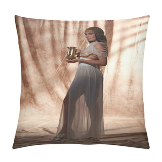 Personality  Full Length Of Stylish Woman In Egyptian Attire And Headdress Holding Jug On Abstract Background Pillow Covers