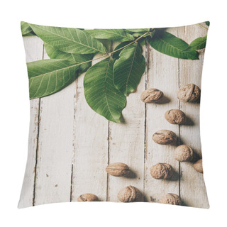 Personality  Top View Of Healthy Walnuts And Green Leaves On Wooden Surface Pillow Covers