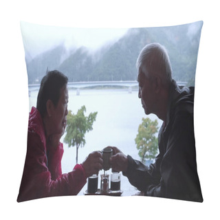 Personality  Asian Senior Couple Drinking Tea Travel Together Rainy Day Mount Pillow Covers