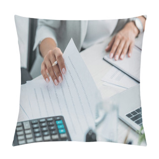 Personality  Cropped View Of Woman Doing Paperwork And Holding Pencil  Pillow Covers