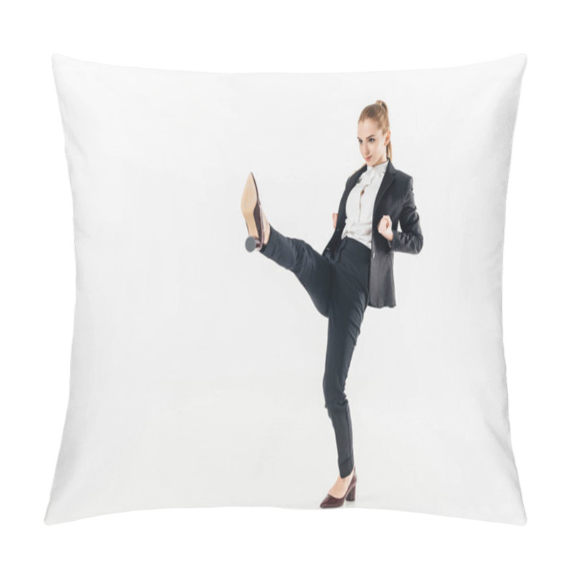 Personality  Businesswoman Performing Karate Kick In Suit And High Heels Isolated On White Pillow Covers