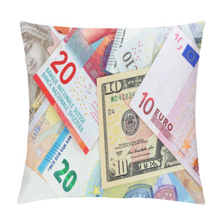 Personality  Close-up Macro Photography Of Dollar, Pound, Euro And Frank. Business Money Exchange Concept Background. Pillow Covers