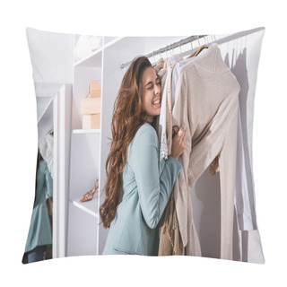 Personality  Cheerful Woman Holding Clothes On Hangers In Wardrobe  Pillow Covers