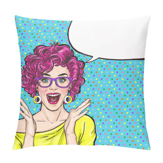 Personality  Surprised Young Sexy Woman  In Glasses  Shouting Or Yelling. Advertising Poster. Comic Woman. Gossip Girl, Red Cheeks, Beauty, Curls, Sexy Girl, Pinup, Shout, Hipster, Hey, Wow, Curls, Announcing, Yes Pillow Covers
