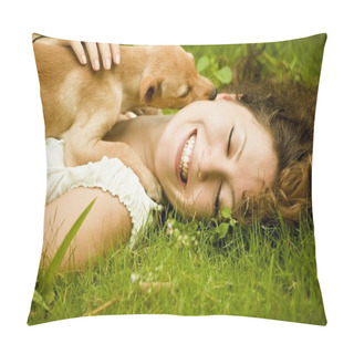 Personality  Happy Woman With Her Dog In The Park Pillow Covers