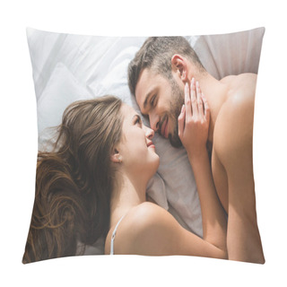 Personality  Top View Of Smiling Young Couple Cuddling In Bed In Morning Pillow Covers