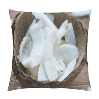 Personality  Close Up View Of Fresh Tasty Coconut Flakes In Shell Pillow Covers