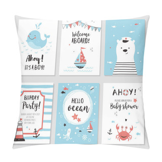 Personality  Nautical Baby Shower Cards. Cute While, Little Bear And Quotes.  Marine Theme Kids Party Invitations And Nursery Posters. Vector Illustration. Pillow Covers