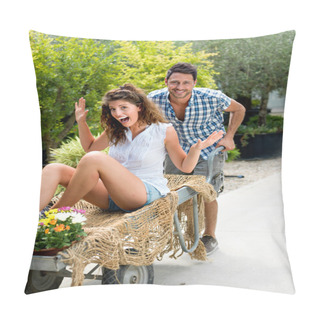 Personality  Young Couple Playing With A Wheelbarrow In A Greenhouse Pillow Covers