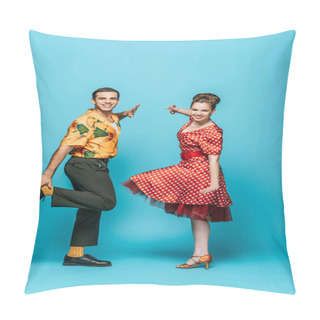 Personality  Young Dancers Looking At Camera While Dancing Boogie-woogie On Blue Background Pillow Covers