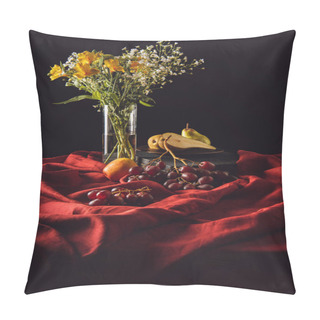 Personality  Still Life With Various Fruits And Flowers In Vase On Red Drapery On Black Pillow Covers