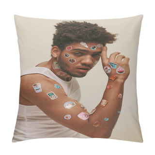 Personality  Cool African American Man In Tank Top With Stickers On Face Looking At Camera On Grey Background Pillow Covers