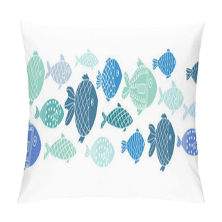 Personality  Blue Fishes Seamless Vector Border. Doodle Line Art Ocean Animal Repeating Pattern.  Pillow Covers