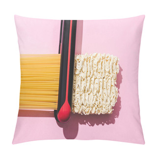 Personality  Top View Of Flat Iron, Spaghetti And Wavy Instant Noodles On Pink, Hair Straightening Concept Pillow Covers