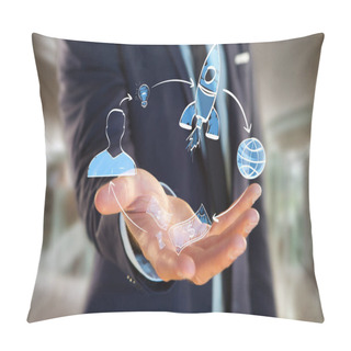 Personality  Businessman Holding Icons Of Launching A Start Up Company  Pillow Covers