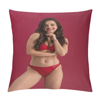 Personality  Seductive Girl In Lingerie Smiling At Camera While Standing Isolated On Red Pillow Covers