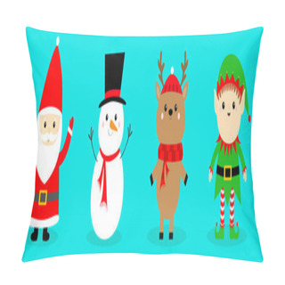 Personality  Santa Claus Reindeer Snowman Elf Deer Line Set. Merry Christmas. Happy New Year. Red Green Black Hat, Scarf. Cute Cartoon Funny Kawaii Baby Character. Greeting Card. Flat Design. Blue Background. Pillow Covers