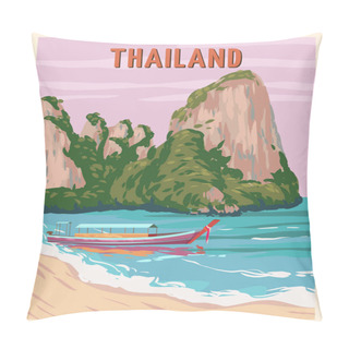Personality  Poster Thailand Tropical Resort Vintage. Travel Holiday Summer. Exotic Beach Coast, Boat, Palms, Ocean. Retro Style Illustration Vector Pillow Covers