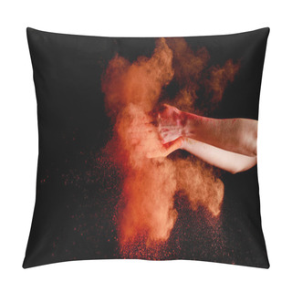 Personality  Female Hands Near Orange Colorful Holi Paint Explosion On Black Background Pillow Covers