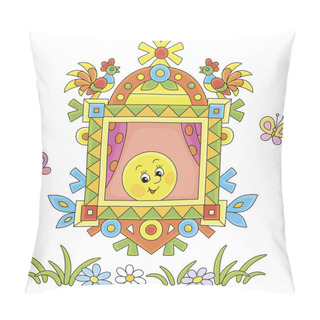 Personality  Freshly Backed Happy Round Loaf Friendly Smiling And Looking Out Of A Traditionally Decorated Window Of A Village Log House From A Fairytale, Vector Cartoon Illustration Isolated On White Pillow Covers