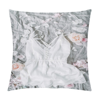 Personality  White Negligee, Pale Pastel Rose Flower Buds And Petals On Grey Blanket. Flat Lay, Top View Wedding Fashion Composition. Pillow Covers