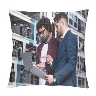 Personality  Businessman And Computer Engineer Working With Laptop Together At Bitcoin Mining Farm Pillow Covers