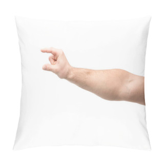 Personality  Cropped View Of Man Showing Hold Gesture Isolated On White Pillow Covers