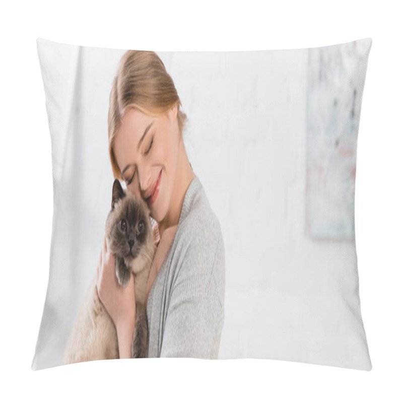 Personality  Cheerful woman with closed eyes embracing siamese cat, banner pillow covers