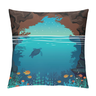 Personality  Underwater Coral Reef, Fish, Sea, Night Sky, Cave And Turtle. Pillow Covers
