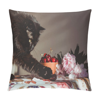 Personality  Fluffy Black Cat Playing With Red Berries On Table, Vintage Tablecloth, Print Fruit And Blossom Floral. Animal Male Steals Cherry From The Orange Bowl. Still Life, Rustic Background Sunlight Pink Pillow Covers