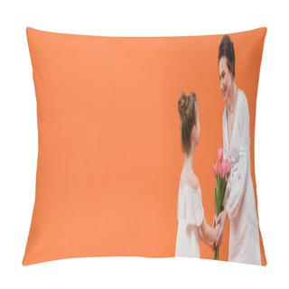 Personality  Mother`s Day, Preteen Girl Giving Bouquet Of Flowers To Smiling Mother On Orange Background, Bonding, White Dresses, Pink Tulips, Happy Holiday, Vibrant Colors, Joyful Occasion, Banner  Pillow Covers