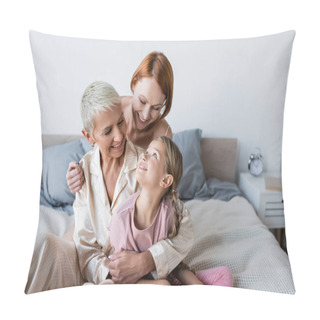Personality  Woman Hugging Girlfriend In Pajamas And Child On Bed  Pillow Covers