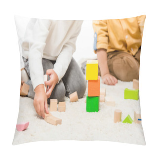 Personality  Cropped View Of Kids Playing With Wooden Blocks On Carpet Pillow Covers