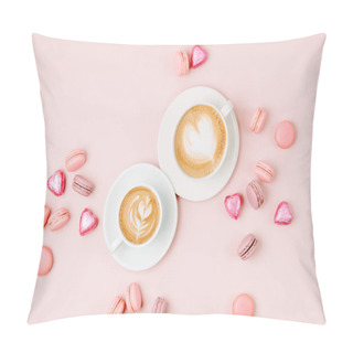 Personality  Coffee Cups With Candys And Macaroons On Pale Pink Background. Flat Lay, Top View Pillow Covers