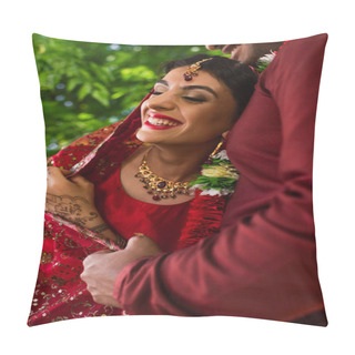 Personality  Smiling Indian Man In Turban Hugging Happy Bride In Red Sari  Pillow Covers