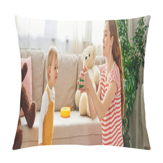 Personality  A Young Mother Engages With Her Toddler In A Heartwarming Play Session At Home. Pillow Covers