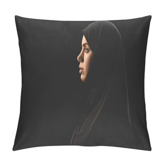 Personality  Side View Of Beautiful Muslim Woman In Hijab Isolated On Black  Pillow Covers