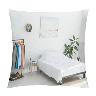 Personality  Bed, Clothes Rack With Shirts, Plant, Floor Lamp And Coffee Table In Bedroom Pillow Covers