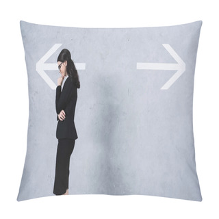 Personality  Businesswoman In Glasses Thinking Near Arrows On Grey Pillow Covers