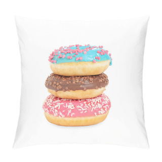 Personality  Sweet Delicious Glazed Donuts On White Background Pillow Covers