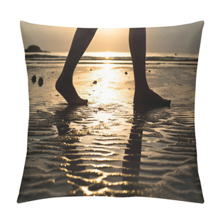 Personality  Feet Of A Young Woman Walking On The Beach At Sunset Pillow Covers