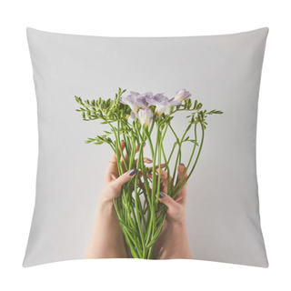 Personality  Cropped View Of Woman Holding Violet Freesia Flowers On White Background Pillow Covers