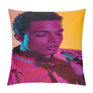 Personality  African American Man Vaping With Electronic Cigarette In Hand, Orange Backdrop With Lighting Pillow Covers